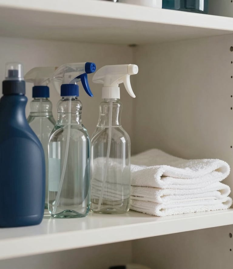 A macro photograph of an organized utility shelf in a modern North American home. Natural light illuminates clear glass bottles of cleaning solution and folded white microfiber cloths. The scene is crisp and professional, featuring off white and navy blue tones.