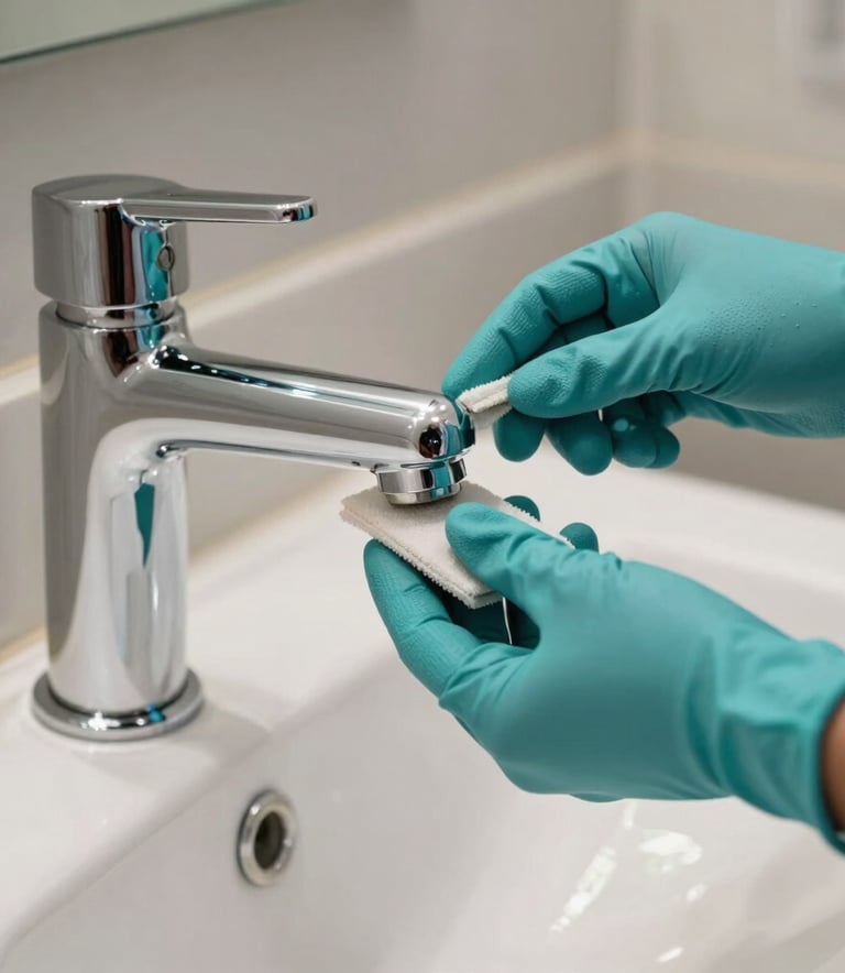 A detailed shot of a professional hand in a teal glove polishing a chrome faucet in a modern North American bathroom, capturing the sparkling reflection and high-quality finish in soft daylight.