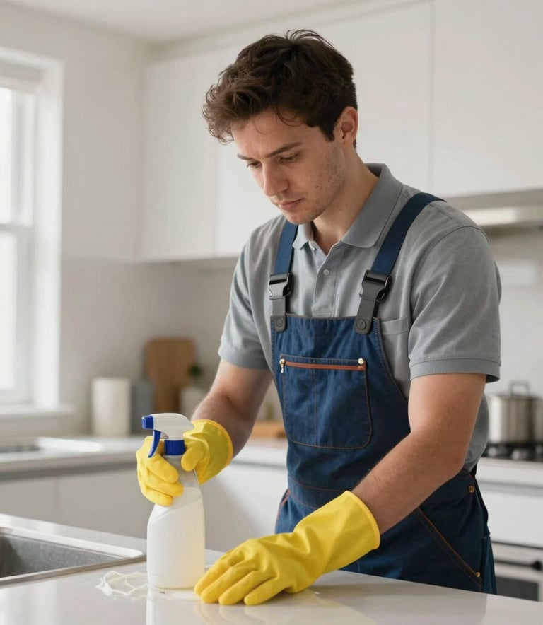 A professional cleaner in a clean, modern uniform performing detail work in a bright North American kitchen, conveying a sense of trustworthiness and high-quality service, with soft natural lighting.