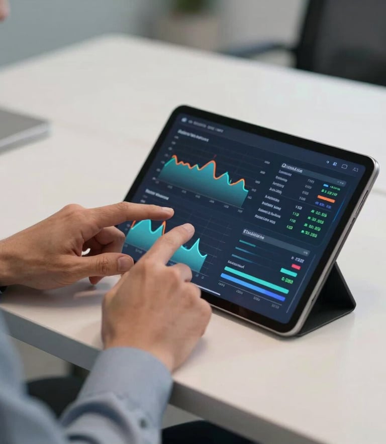 A close-up photograph of a professional's hands interacting with a sleek tablet displaying vibrant, clear energy consumption analytics. The setting is a contemporary North American office with a palette of off-white and slate blue, featuring soft, professional lighting.
