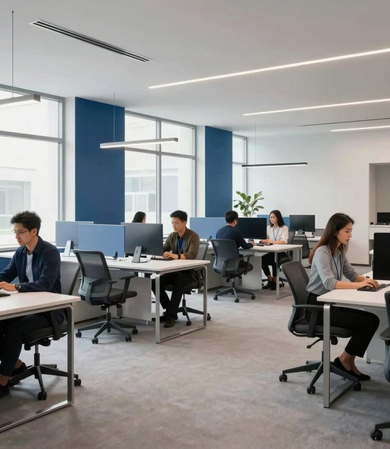 A wide shot of a sleek, minimalist tech office in North America. The space features large windows, slate blue accents, and a group of professionals collaborating in a bright, contemporary environment with off-white furniture and steel blue decor.
