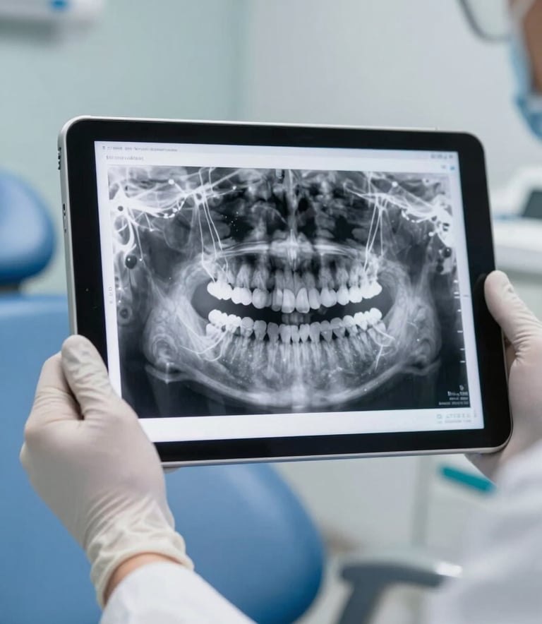 Detailed shot of a tablet screen displaying a high-resolution dental radiograph, held by a dentist's hands wearing white gloves, in a bright South American / Brazilian clinic with light blue and light gray accents.