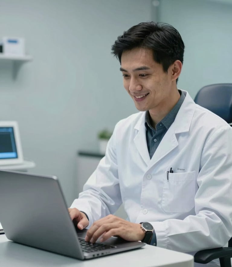 A professional Brazilian dentist in a white clinical coat sitting in a modern office, looking at a laptop screen with a friendly and empathetic expression, pale blue and medium blue lighting.