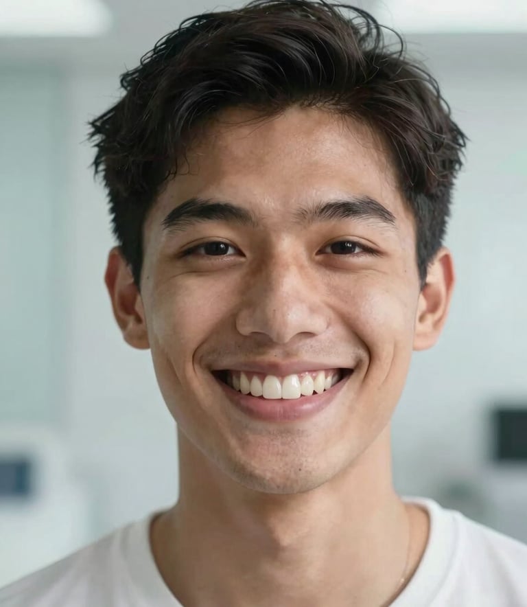 A close-up of a healthy and bright smile in a clean, modern South American setting, soft natural lighting, reflecting dental wellness, with pale blue and white tones in the background.