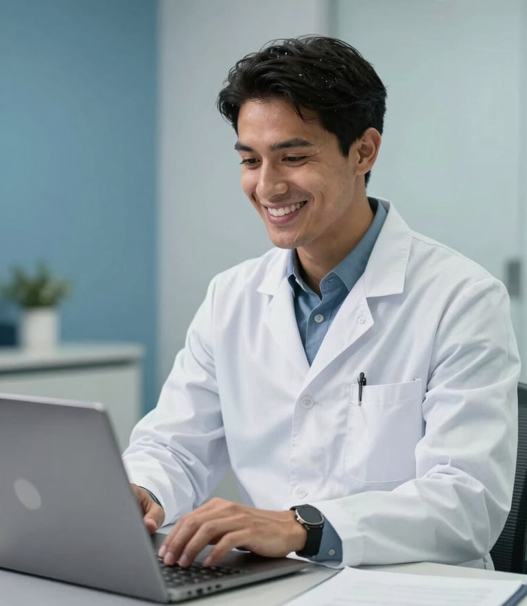 A professional South American / Brazilian dentist in a white coat smiling while conducting a tele-consultation on a modern laptop, bright and airy office setting with medium blue and light gray decor.