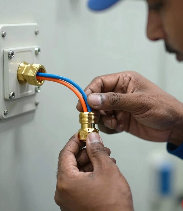 A close-up shot of a professional South Asian / Indian electrician's hands securely installing an orange and sky blue wire into a premium brass cable gland, set in a clean, modern industrial facility.