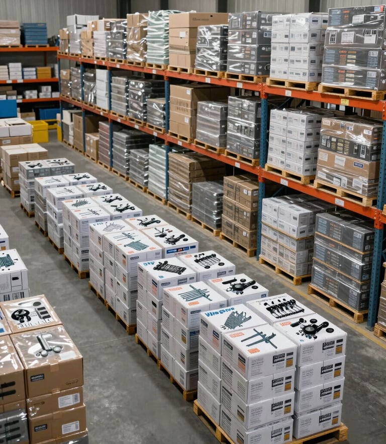 A wide-angle photography shot of an organized industrial warehouse in South Asia / India, stocked with neatly labeled boxes of Wiregrip electrical components under bright, clean lighting.