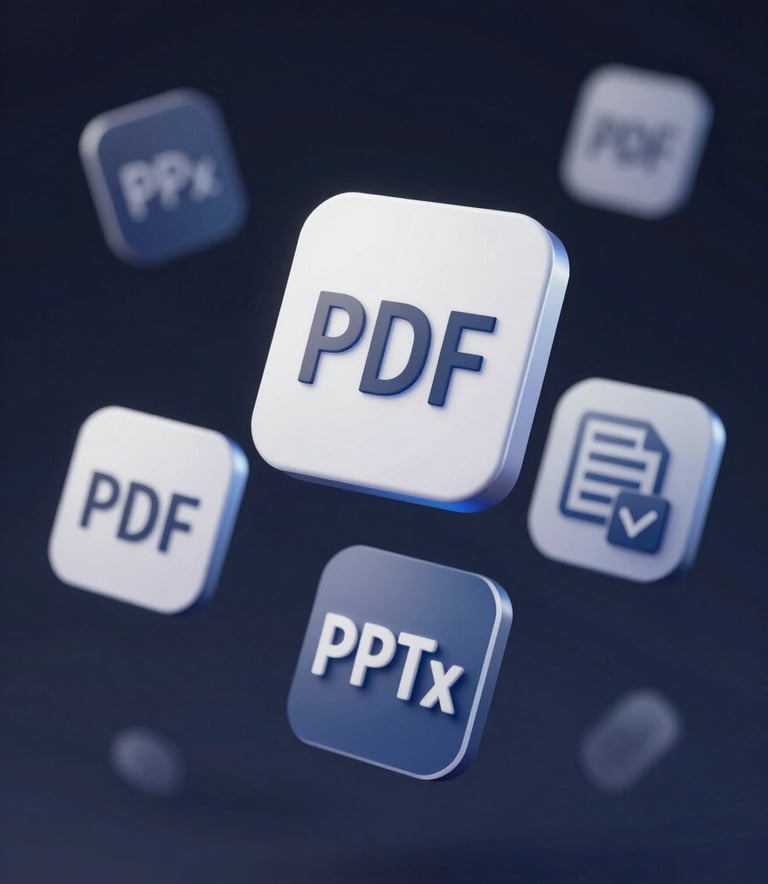 A high-quality 3D render of export icons for PDF, PPTX, and Image formats, floating in a dark digital void with #0D1117 backgrounds and subtle #F0F6FC glows. Sharp edges and professional finish.