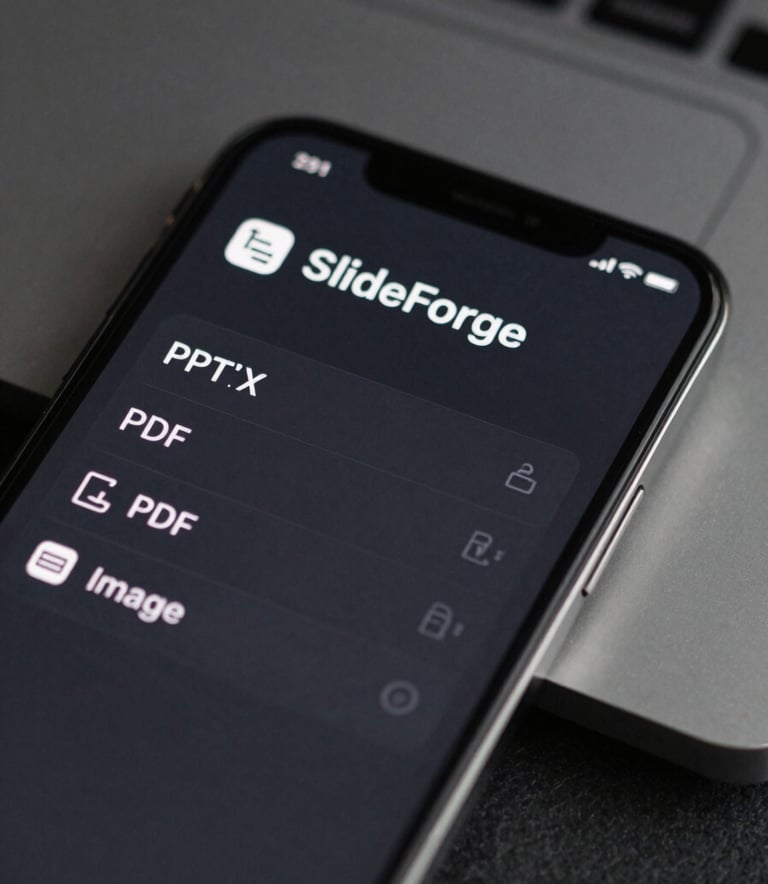 Macro shot of an iPhone screen showing the SlideForge export menu. The UI is sleek and dark-themed, highlighting clear icons for PPTX, PDF, and Image export. The background is a sophisticated #0D1117 and #161B22 blurred workspace. Soft, tech-focused lighting.