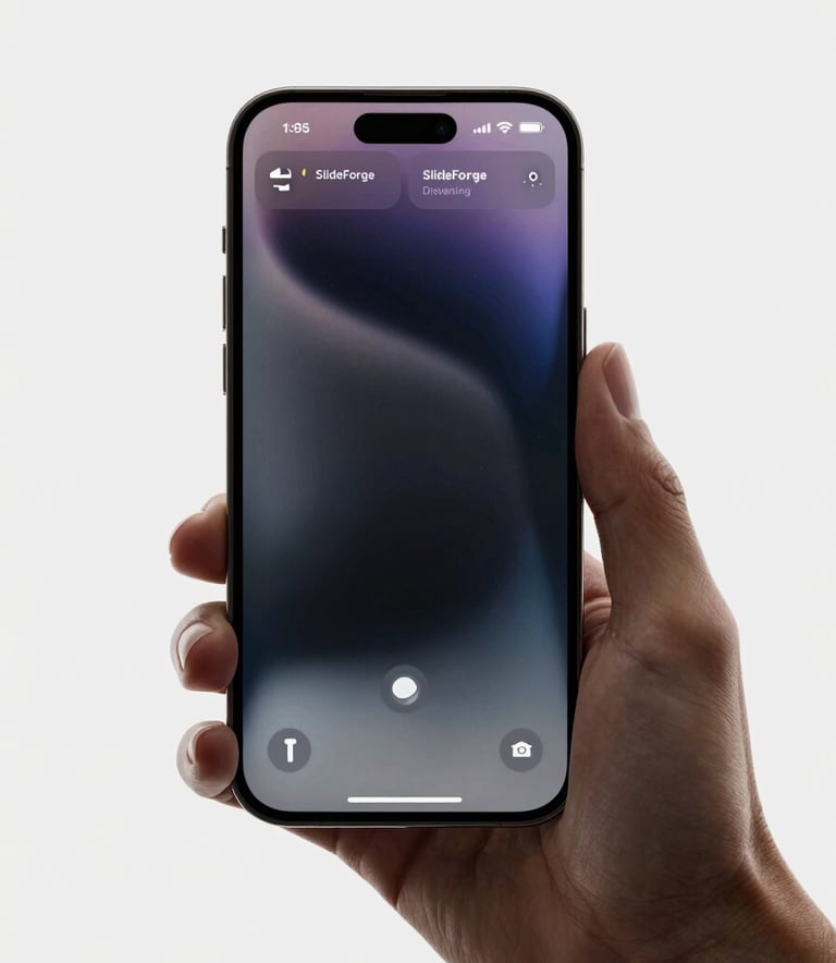 A minimalist, high-end studio photograph of an iPhone 15 Pro held by a professional hand. The screen displays the SlideForge editing interface with a sophisticated dark-mode template. Clean composition with #C9D1D9 highlights.