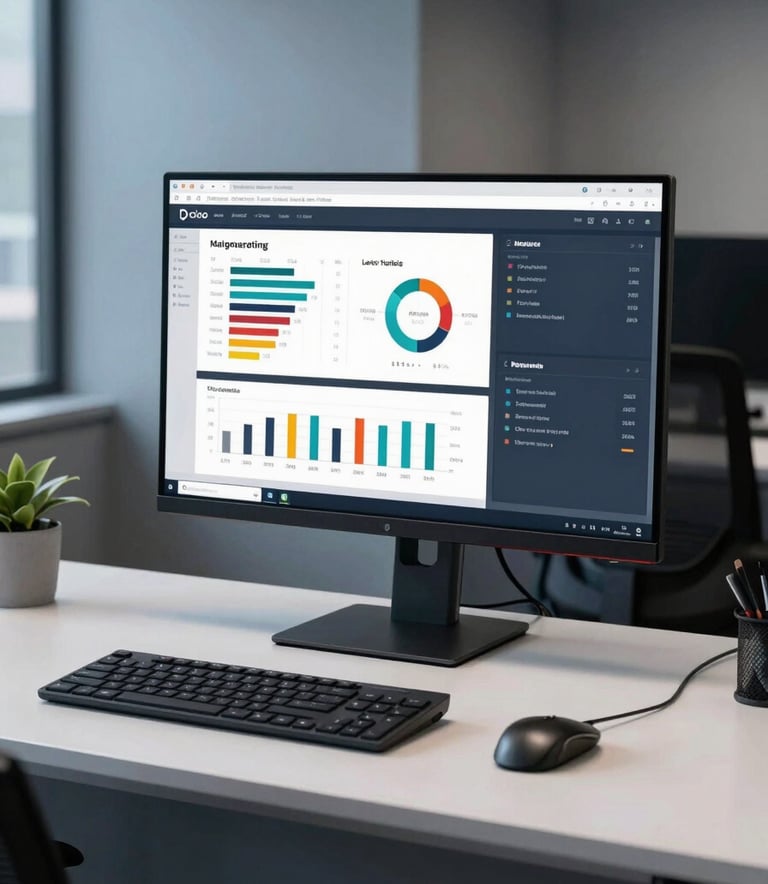A sleek, contemporary digital workspace featuring a high-end monitor showing marketing data. The desk is organized and modern, set against a backdrop of muted steel blue office walls and a professional atmosphere.