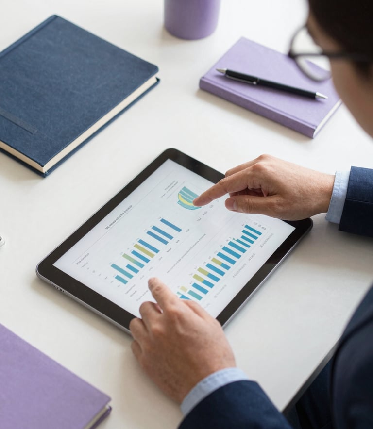 A top-down view of a clean workspace where a professional in business attire is analyzing data on a tablet. The scene is lit with bright, natural light and features accents of Midnight Navy and Soft Periwinkle in the stationery.