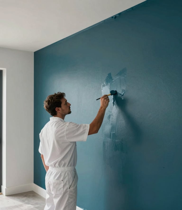 A high-end interior scene in an Oceanic / New Zealand home, showing a professional painter in a clean white uniform carefully applying deep teal paint to a feature wall with sharp, clean lines. Natural bright light illuminates the modern architecture.