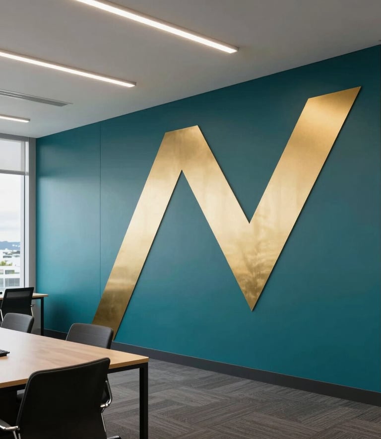 A professional shot of a modern Auckland office interior with bold deep teal and gold painted geometric accents on the walls, bright commercial lighting, sleek furniture, Oceanic / New Zealand style.