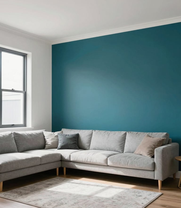 A bright and airy Auckland living room featuring a flawless deep teal feature wall and fresh white ceilings, minimalist decor, natural light through large windows.