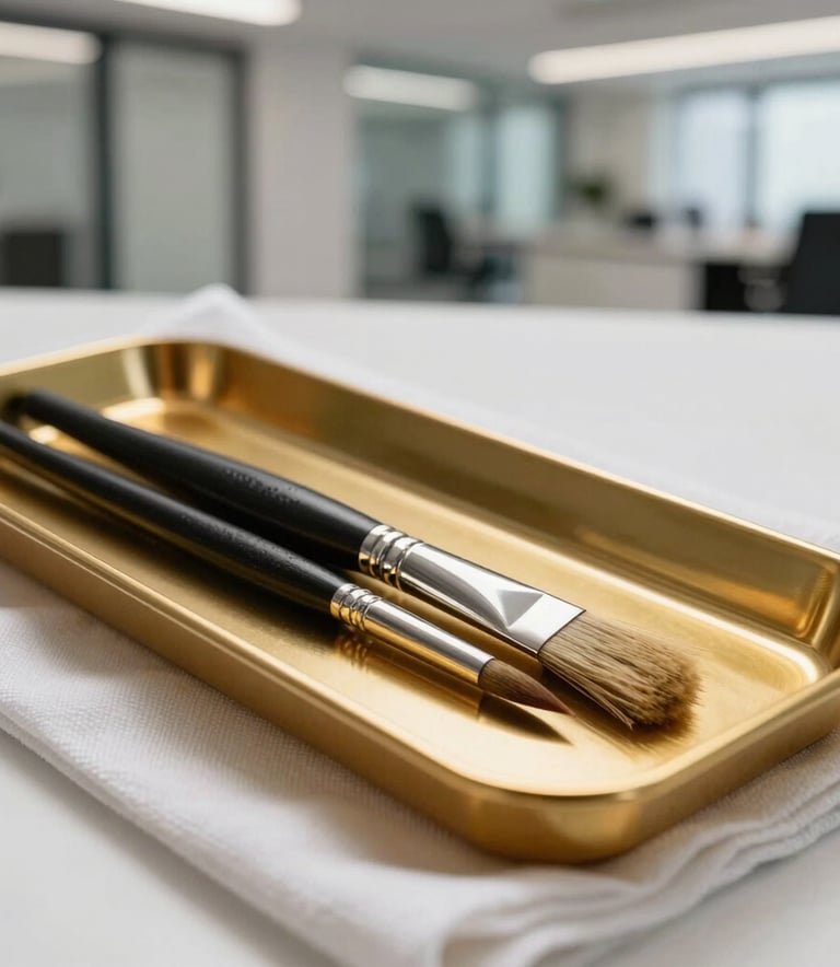 A close-up photograph of professional painting tools, including a high-quality brush and a gold-colored paint tray, resting on a clean drop cloth inside a modern Auckland office building. The style is professional and premium.