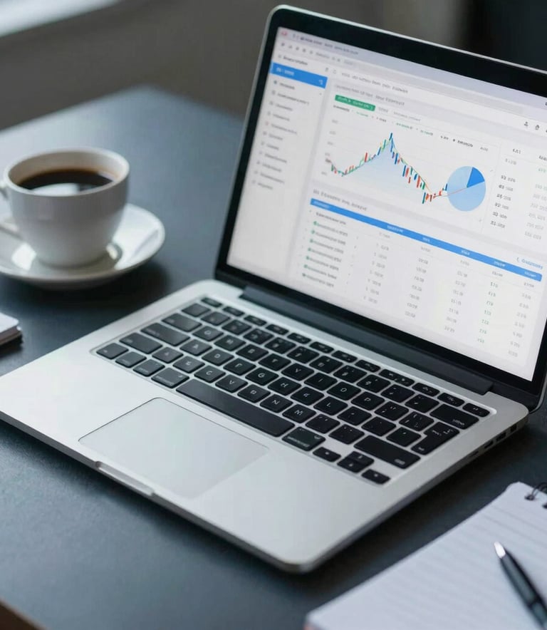 Close-up of a professional desk in the US, featuring a laptop displaying a financial dashboard with clean UI, a cup of coffee, and a notepad. Professional and efficient mood with slate blue tones.