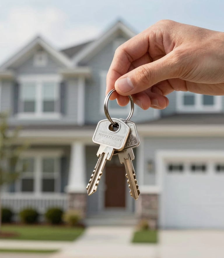 A close-up shot of hands holding new house keys with a modern North American house in the soft-focus background, bright natural morning light, emphasizing a successful home purchase.