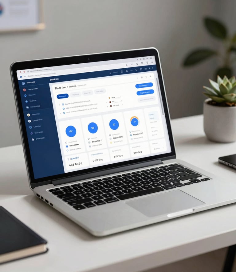 A professional desk setup in a North American home office featuring a modern laptop displaying a clean fintech dashboard with deep blue and white interface elements.