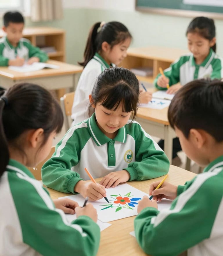 Candid photo of happy primary students wearing green and white uniforms, collaborating over a creative project in a sunlit, modern classroom with light wood furniture.