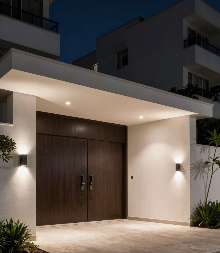 A sophisticated nighttime photograph of a luxury residential entrance in a high-end Brazilian neighborhood, showing strategic, subtle security lighting. The composition is clean and modern, evoking a sense of absolute control and safety with a deep navy and off-white color palette.