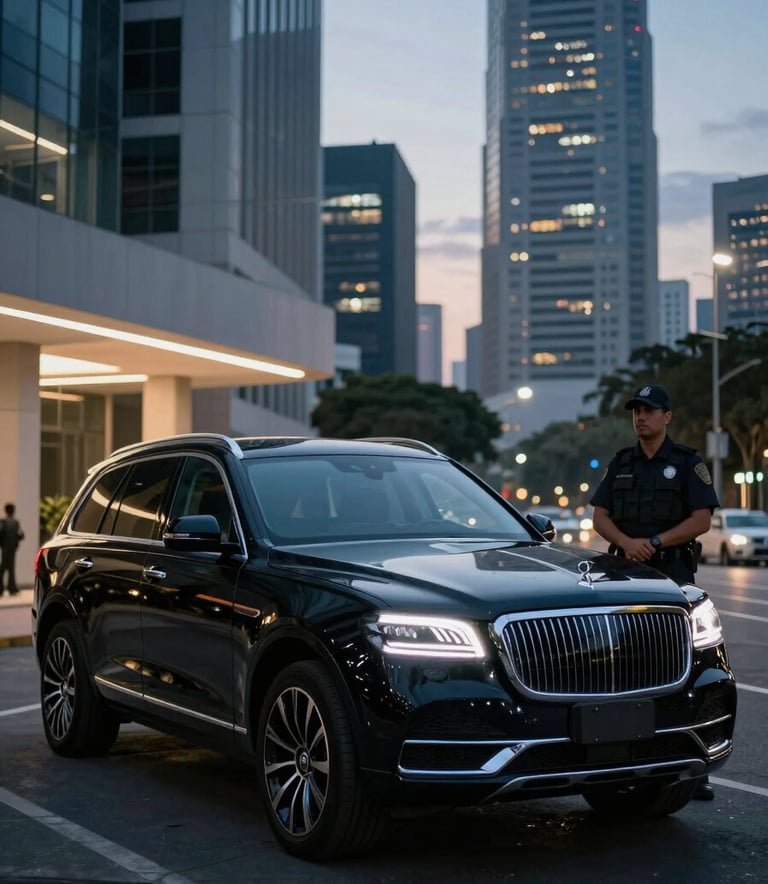 A cinematic shot of a luxury black SUV parked in a modern South American business district at dusk. A security professional is discreetly observing the surroundings. The style is authoritative and high-end, using deep blue and off-white lighting.