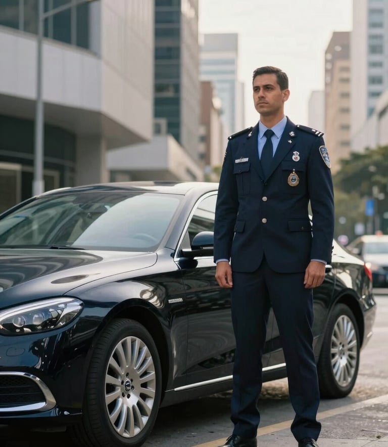 Photography of a professional security escort in a sharp Dark Navy suit standing discreetly near a luxury black sedan in a modern South American business district. Natural afternoon light, Steel Blue and Dark Navy tones.