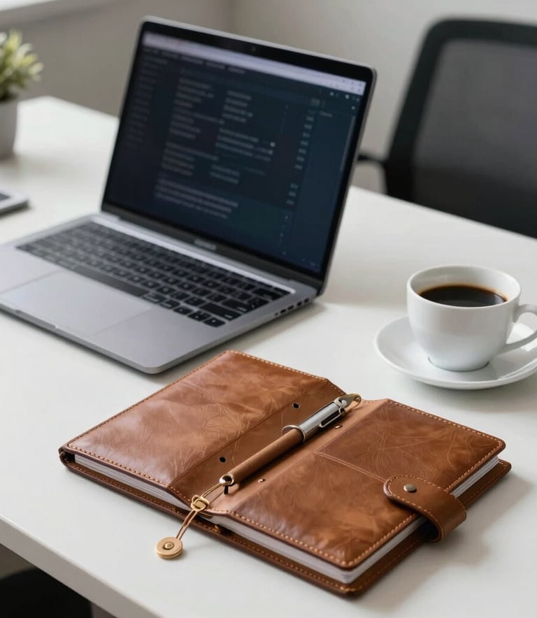 A clean and organized South American Brazilian office workspace. A designer laptop, a leather planner, and a cup of Brazilian coffee on a white desk. The lighting is crisp and professional, with hints of blue and charcoal grey.