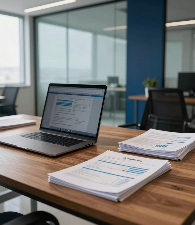 Detailed photography of a professional South American Brazilian workspace in Santarém. A sleek wooden desk features a high-end laptop and neat stacks of financial reports. The background is a modern office with glass walls, filled with soft morning light and accents of navy blue and light cyan.