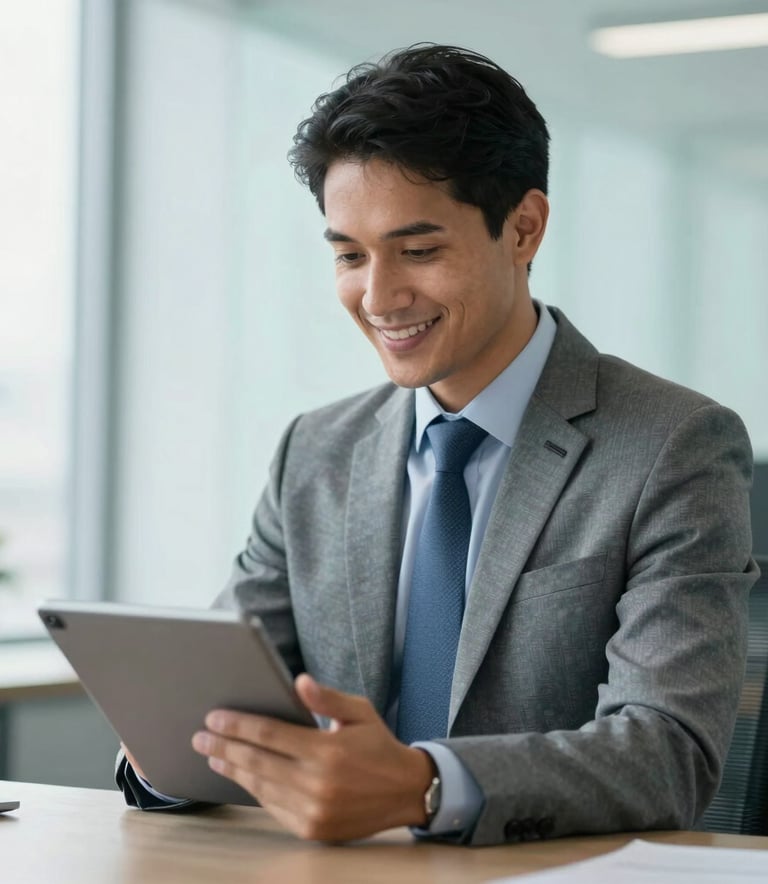 A professional Brazilian accountant in business attire, smiling and looking at a tablet in a bright, contemporary office environment. The style is clean and trust-inspiring, using grayish blue and light aqua accent colors.