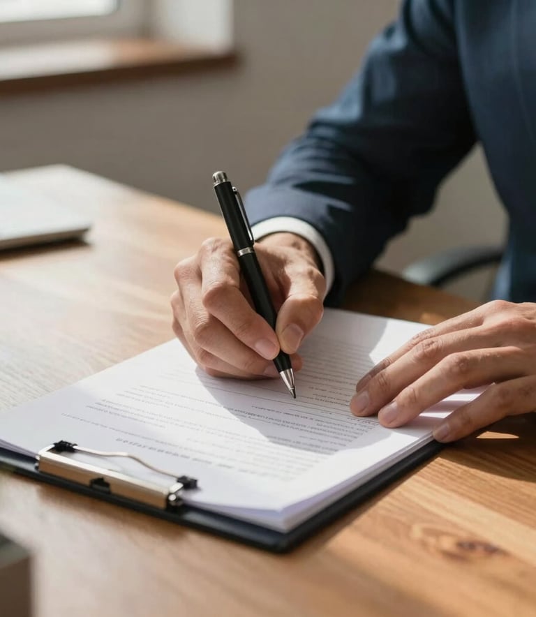 Close-up of professional hands signing accounting documents on a wooden desk in a Brazilian office setting. The composition is focused on efficiency and precision, with a soft morning light.