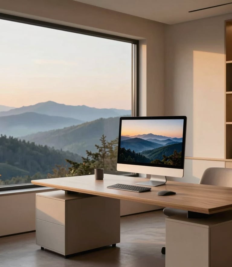 A high-end modern home office in North American / US, featuring a sleek minimalist desk, a high-resolution monitor, and a large window looking out onto soft rolling blue-ridge mountains at sunrise. The interior lighting is warm, incorporating soft parchment and warm tan sand tones, while the outside view shows misty blue-green peaks.