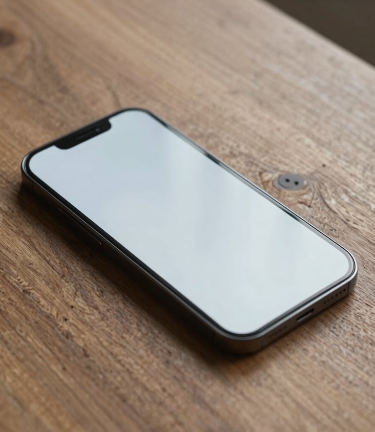 A close-up photograph of a minimalist modern smartphone resting on a hand-carved reclaimed wood table, showcasing textures of natural grain and sleek glass, North American / US.