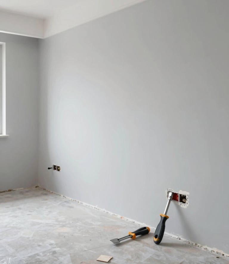 A wide-angle photo of a modern apartment interior during a renovation phase. New electrical conduits are visible on a clean grey wall. The scene is bright, reflecting efficiency and craftsmanship, with tools in shades of #263238 neatly placed.