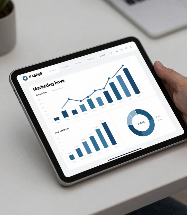 Close-up of a tablet on a sleek desk showing marketing analytics and conversion charts. The setting is professional and modern, with soft lighting and a palette of #4A6E82 and #F8F8F8.