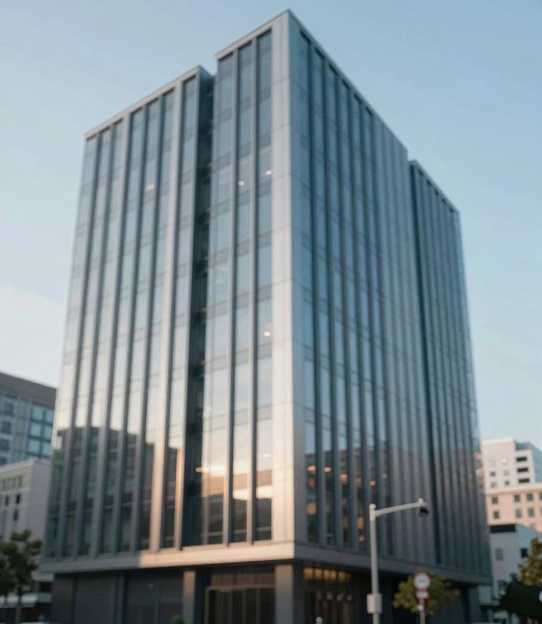 Exterior view of a modern office building in a clean urban environment. The architectural lines are sharp and professional. The sky is a soft #A6BFCC blue, and the building highlights incorporate #2B2D42 metallic elements, conveying credibility.