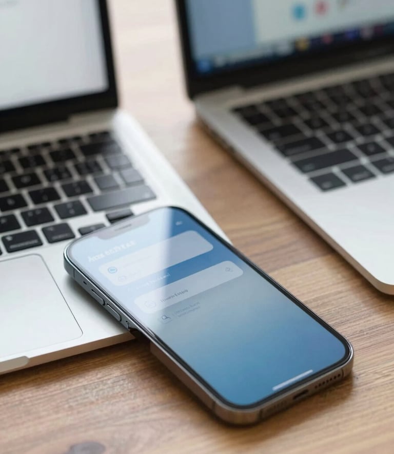 A close-up of a high-end smartphone on a wooden desk next to a sleek laptop, displaying a communication app. The lighting is bright and natural. The scene features tones of #4A6E82 and #A6BFCC, reflecting a professional and innovative business environment.