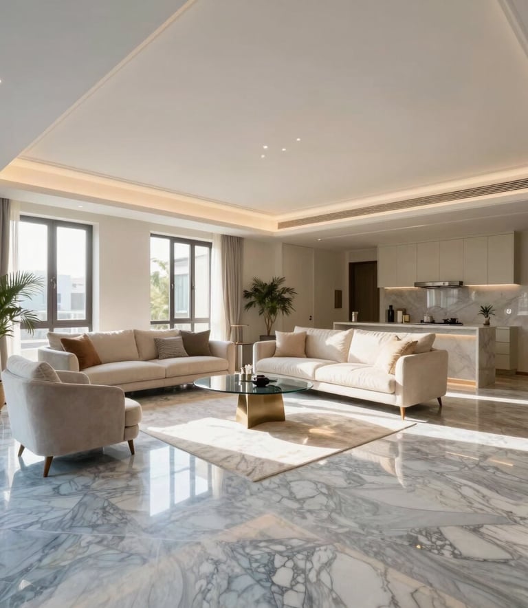 Interior photography of a bright, spacious living room in a high-end Spanish apartment. High ceilings, polished light blue gray marble floors, and elegant furniture. Warm, natural light floods the space.
