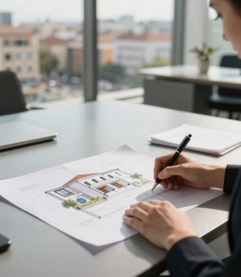 Professional photography of a real estate consultation in a modern European office. A sleek table holds architectural plans for a Spanish villa. The background shows a soft-focus view of a sunny city. Natural lighting.