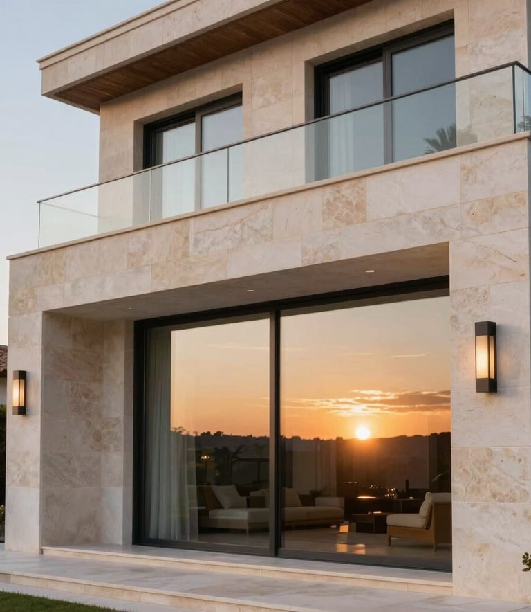 A detailed architectural shot of a luxury Mediterranean villa facade in Spain, featuring clean lines, limestone walls, and large glass windows reflecting a sunset, conveying sophistication and high-quality real estate.