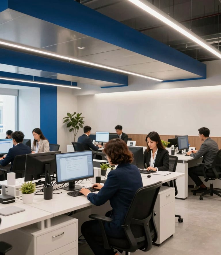 A professional wide shot of a modern real estate office in Spain with steel blue accents, featuring a bright and open workspace where staff work efficiently in a sophisticated and welcoming atmosphere.