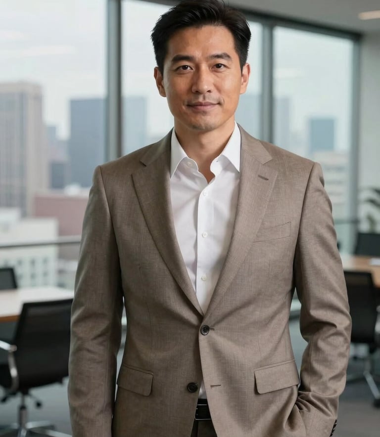 A professional North American real estate agent in a sophisticated taupe suit standing inside a modern, glass-walled office with a blurry view of a US city skyline. The mood is authoritative and trustworthy.