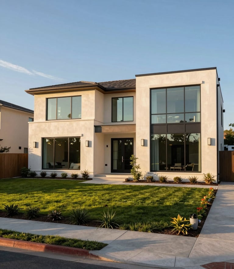 Wide-angle photography of a sun-drenched, modern luxury estate in a North American / US suburb, featuring clean lines, large glass windows, and a manicured landscape during the golden hour, reflecting a cream and navy palette.