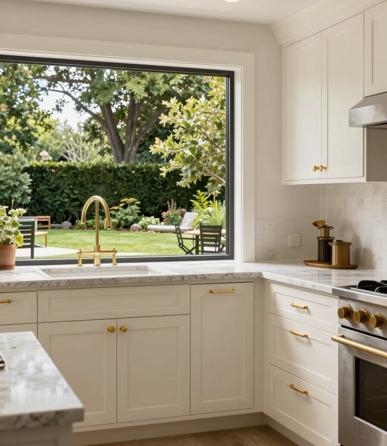 Interior of a high-end contemporary kitchen with creamy parchment cabinets and gold fixtures, overlooking a lush green North American backyard. Sharp, clean composition.