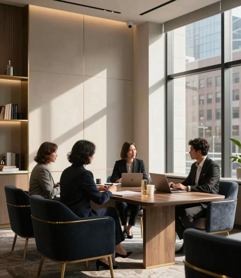 A professional interior shot of a sophisticated, modern real estate office in a North American / US city. The scene includes gold accents and dark navy furniture, with soft morning light illuminating a collaborative meeting space.