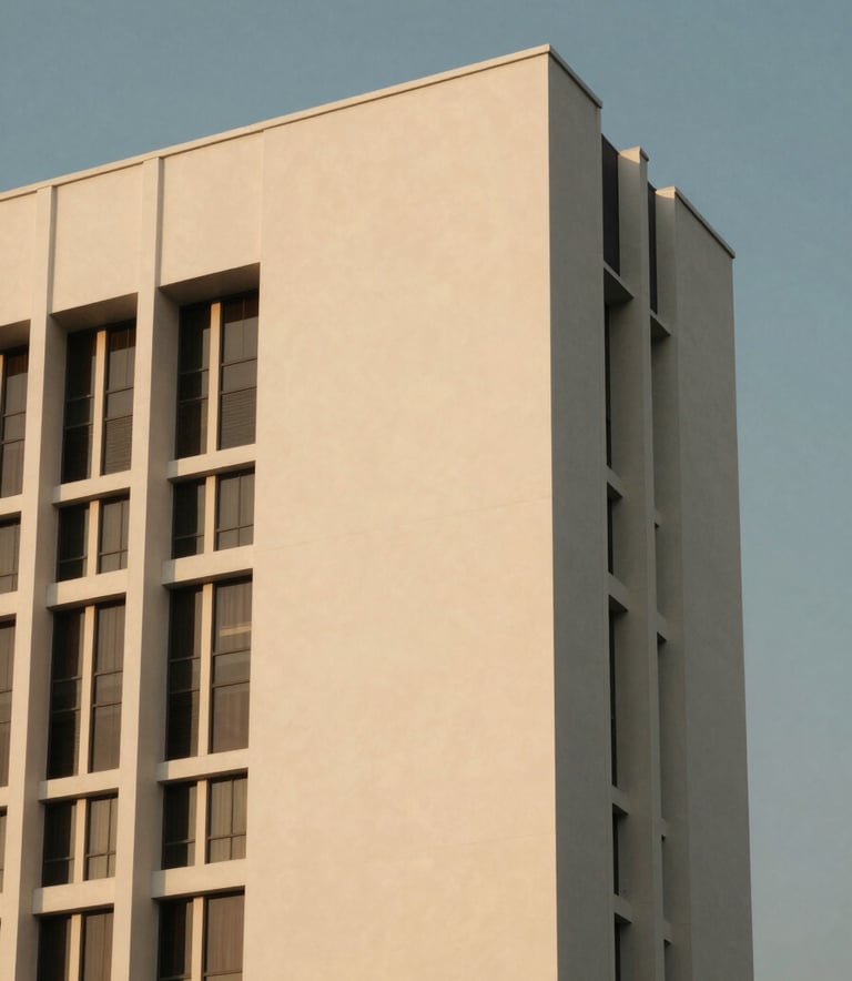 Architectural close-up of a modern Indonesian government building with minimalist clean lines, reflecting a soft gold light against a muted blue sky.