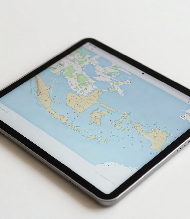 A close-up, high-angle shot of a minimalist workspace featuring a sleek tablet displaying a digital map of Indonesia. The lighting is bright and professional, with a color palette of soft off-white and accents of steel blue. The composition is clean, representing data-driven intelligence and modern technology.