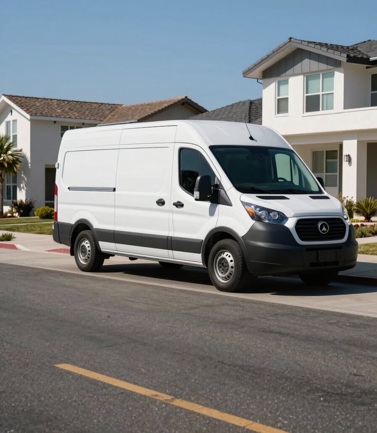 A clean, wide-angle shot of a modern North American residential street in Kingsburg, CA, featuring a white service van with subtle Dark Navy accents parked near a curb, midday sun, sharp focus, professional atmosphere.