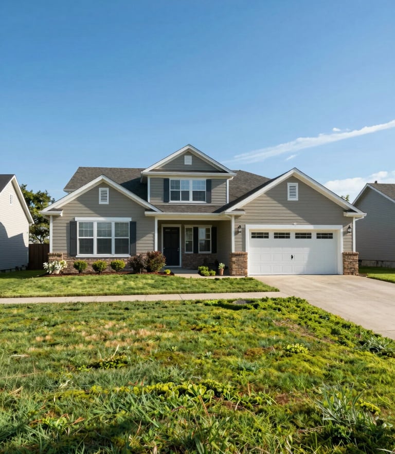 A wide photography shot of a beautiful, clean suburban home in a North American / US neighborhood during a sunny day with vibrant moss green lawns and clear blue sky.