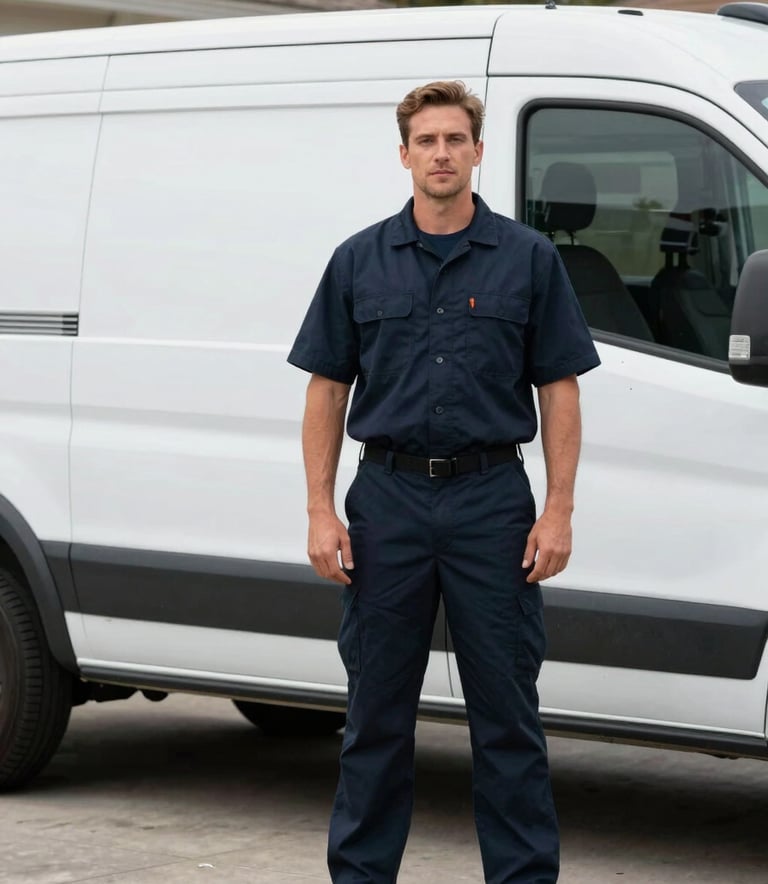 A professional technician in a clean dark navy uniform standing confidently next to a white service van in a North American / US driveway, conveying reliability and expertise.